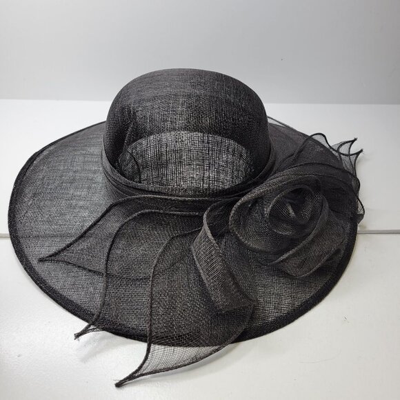 Large Wide Brim Black Sinamay Kentucky Derby Church Wedding Adjustable Hat- NEW - Picture 4 of 16